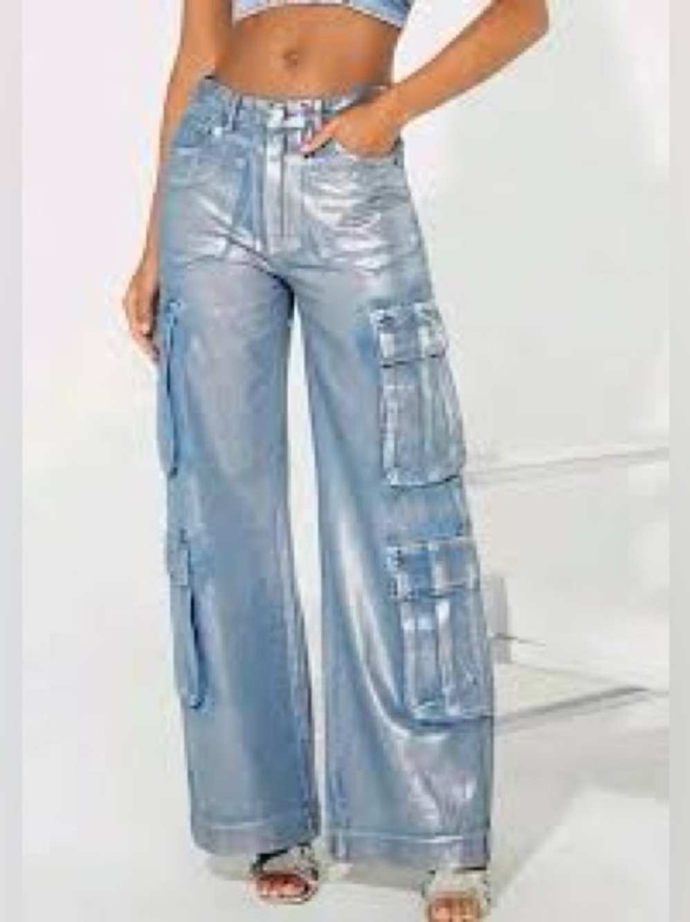 NWT 90’ Celebrity Ace High Rise Metallic Cargo Shimmery Light Blue Jeans